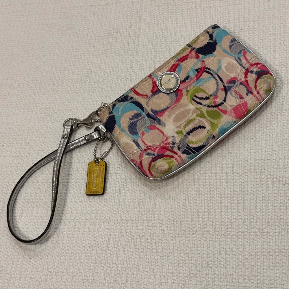 Coach Multicolor Scribble Signature Wristlet Pouch Y2K Canvas Silver Trim